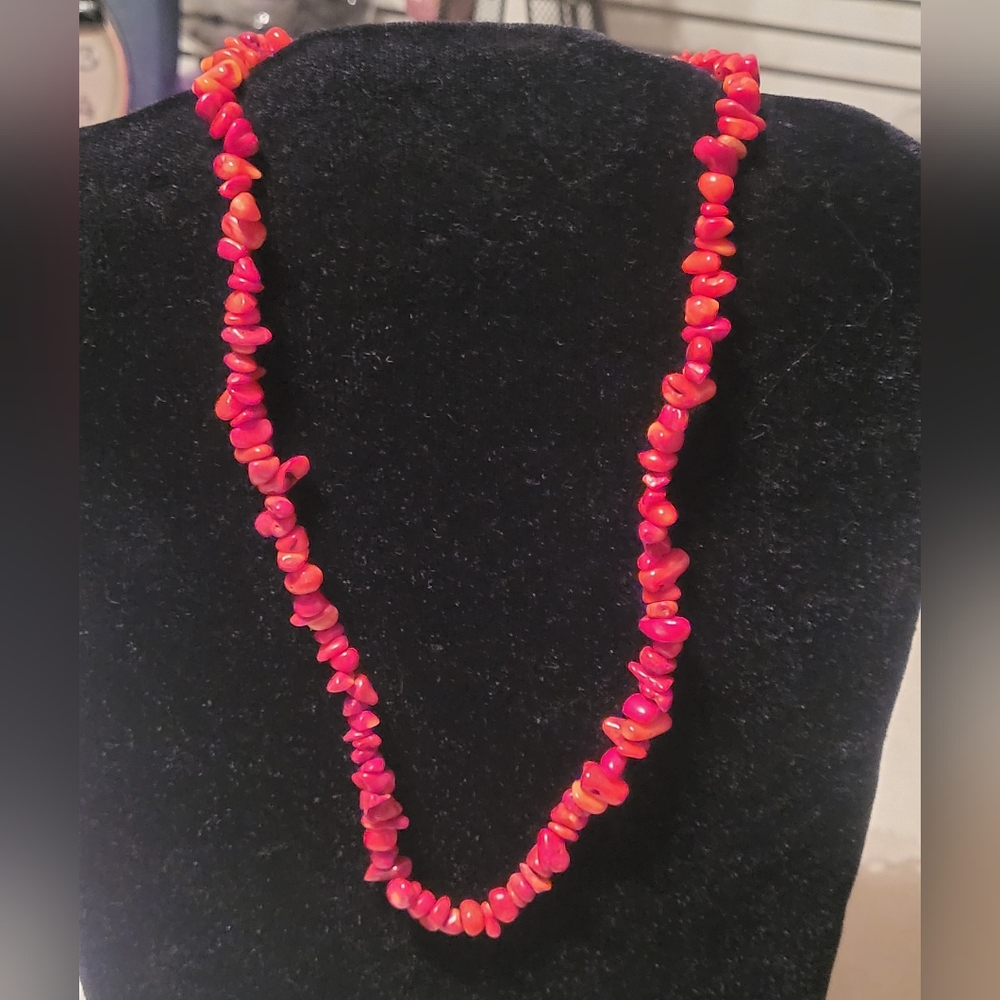 Vintage 925 Sterling Silver Red Coral Chip Bead Necklace Single Strand